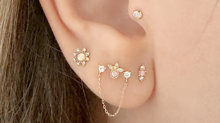 Gold Double Piercing Chain Connected Stud Earrings, Helix to Lobe, Two of Most