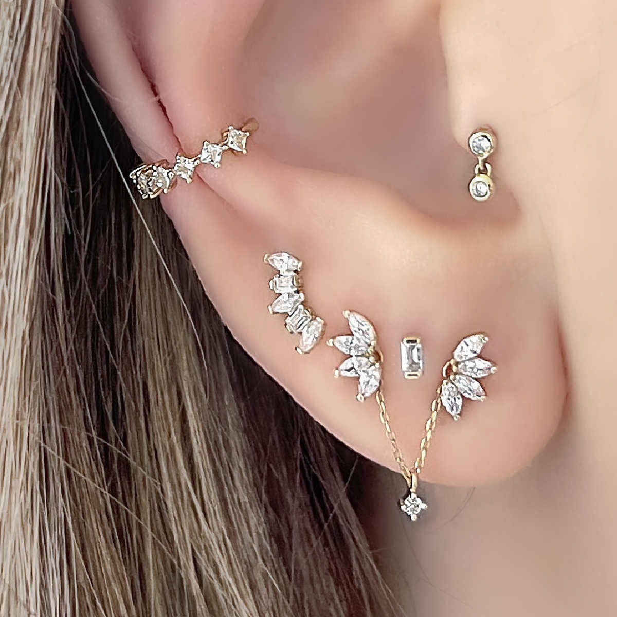 Floating Diamond Earring Charm Set | Connected Double Piercing in 14k White & Yellow Gold | Two of Most Fine Jewelry