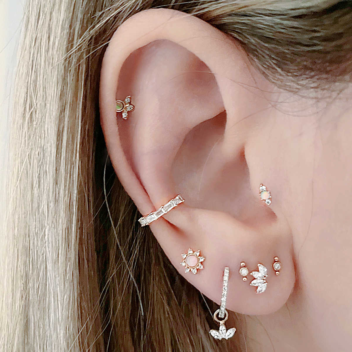 Rose Quartz & Diamond Flat Back Earrings on Model | Solid Gold Cartilage Studs for Helix or Conch