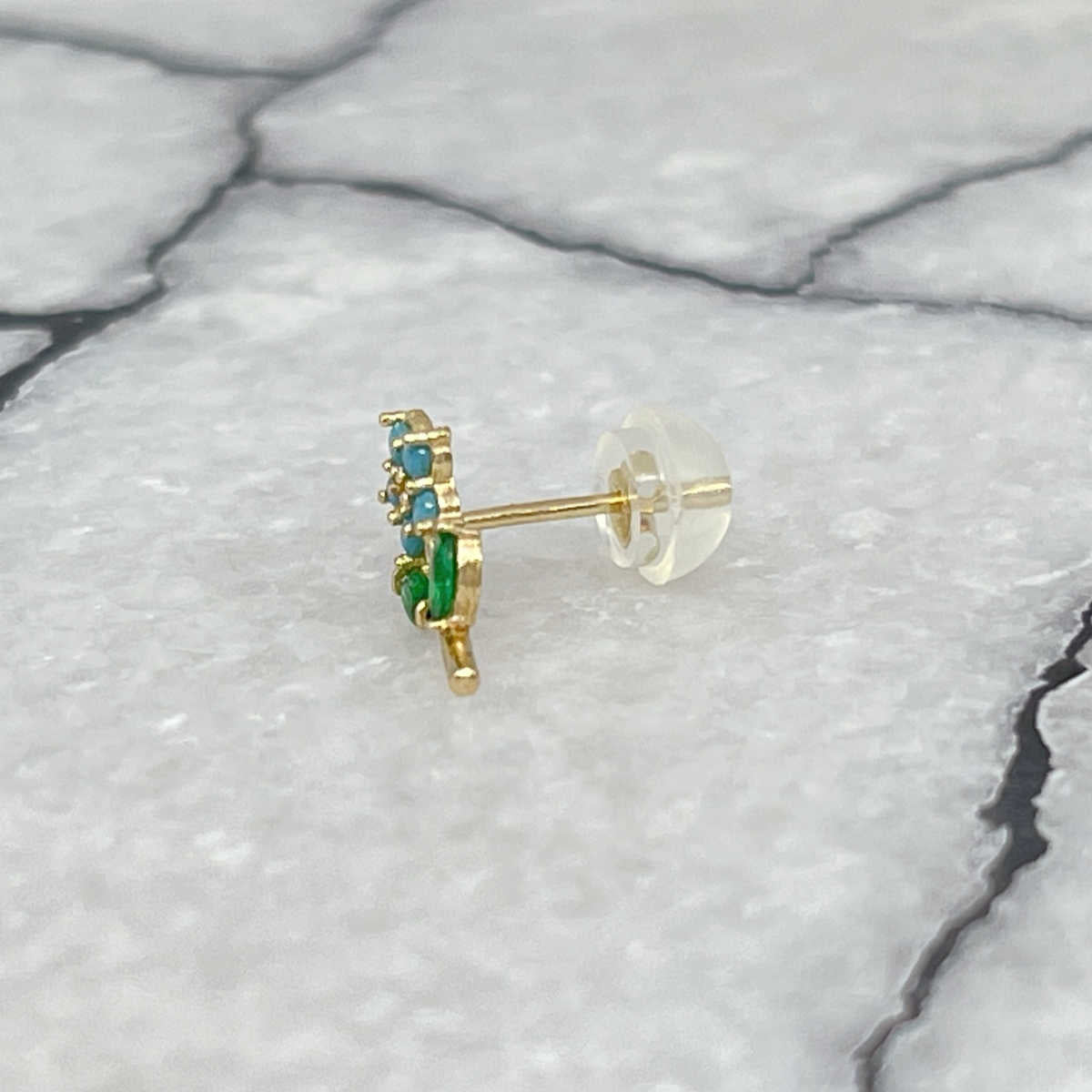 Blue Flower Earrings Side View, 14K Gold & Turquoise Studs, Two of Most Fine Jewelry
