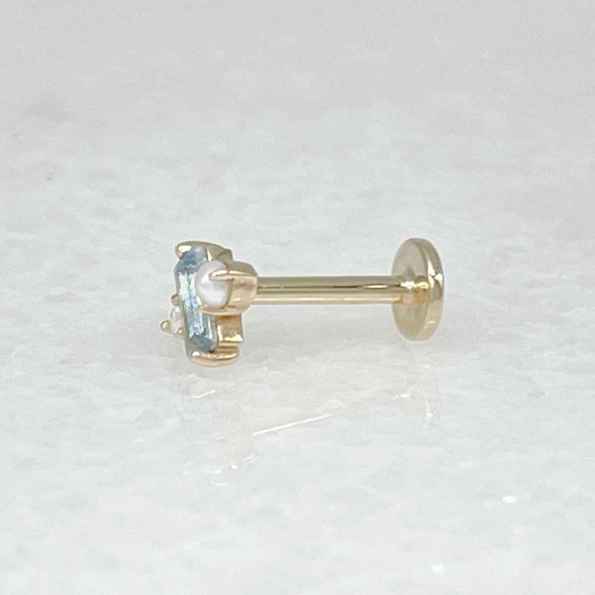 Gold Flat Back Earring with Pearl & Blue Topaz, side view