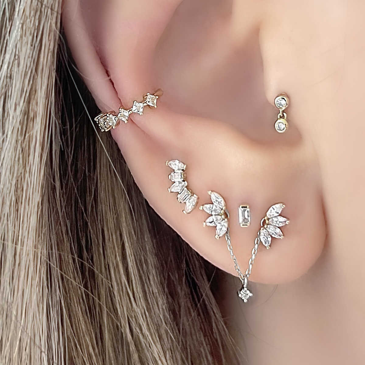 Diamond Earring Charm | White Gold Connected Piercing Chain on Model