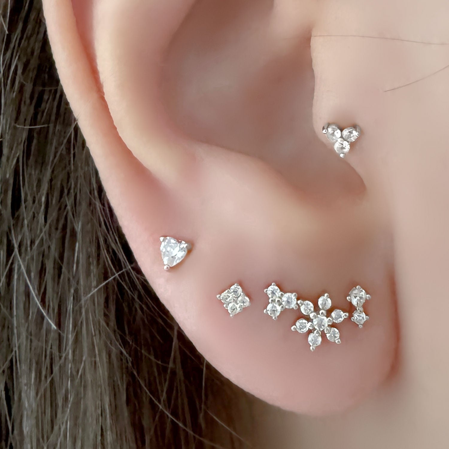 Sterling Silver Gemstone Earrings on Model, Barbell Screw Back Cartilage Studs from Two of Most