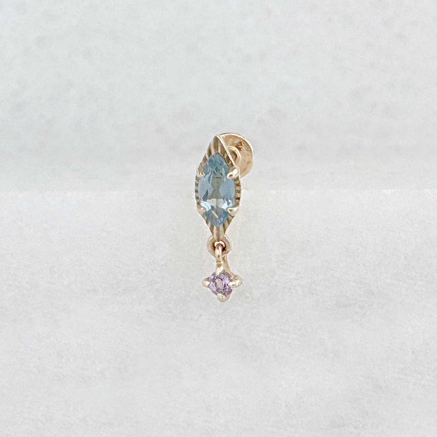 Blue Topaz & Amethyst Flat Back Cartilage Earring for Helix, Conch or Lobe | 14k Gold Piercing Jewelry from Two of Most