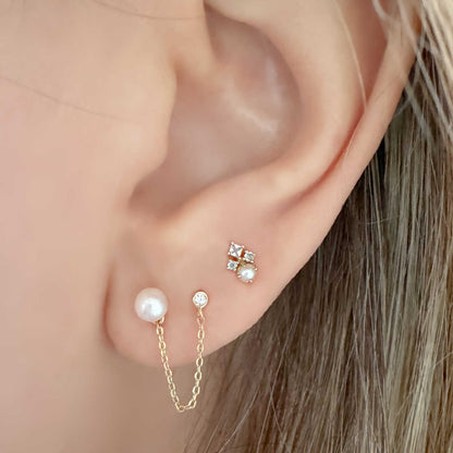 Gold Chain Earrings, Pearl Connected Double Piercing Studs on Model