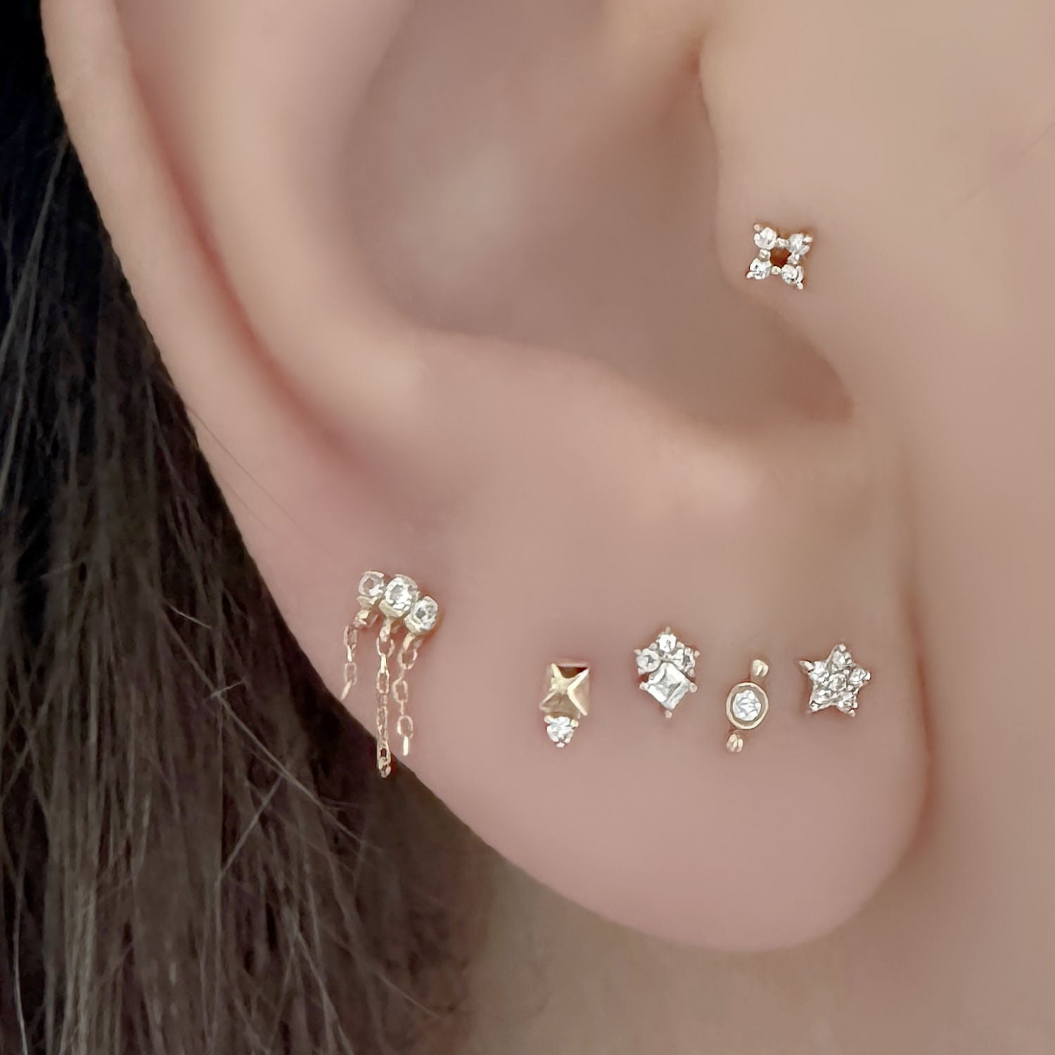 Diamond Flat Back Earrings on Model, 14k Gold Stud Earrings for Helix, Tragus, Conch or Lobe, Two of Most