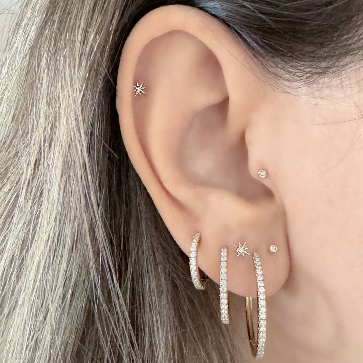 Tiny Diamond Flat Back Earrings on Model | 14k Gold Cartilage Studs from Two of Most