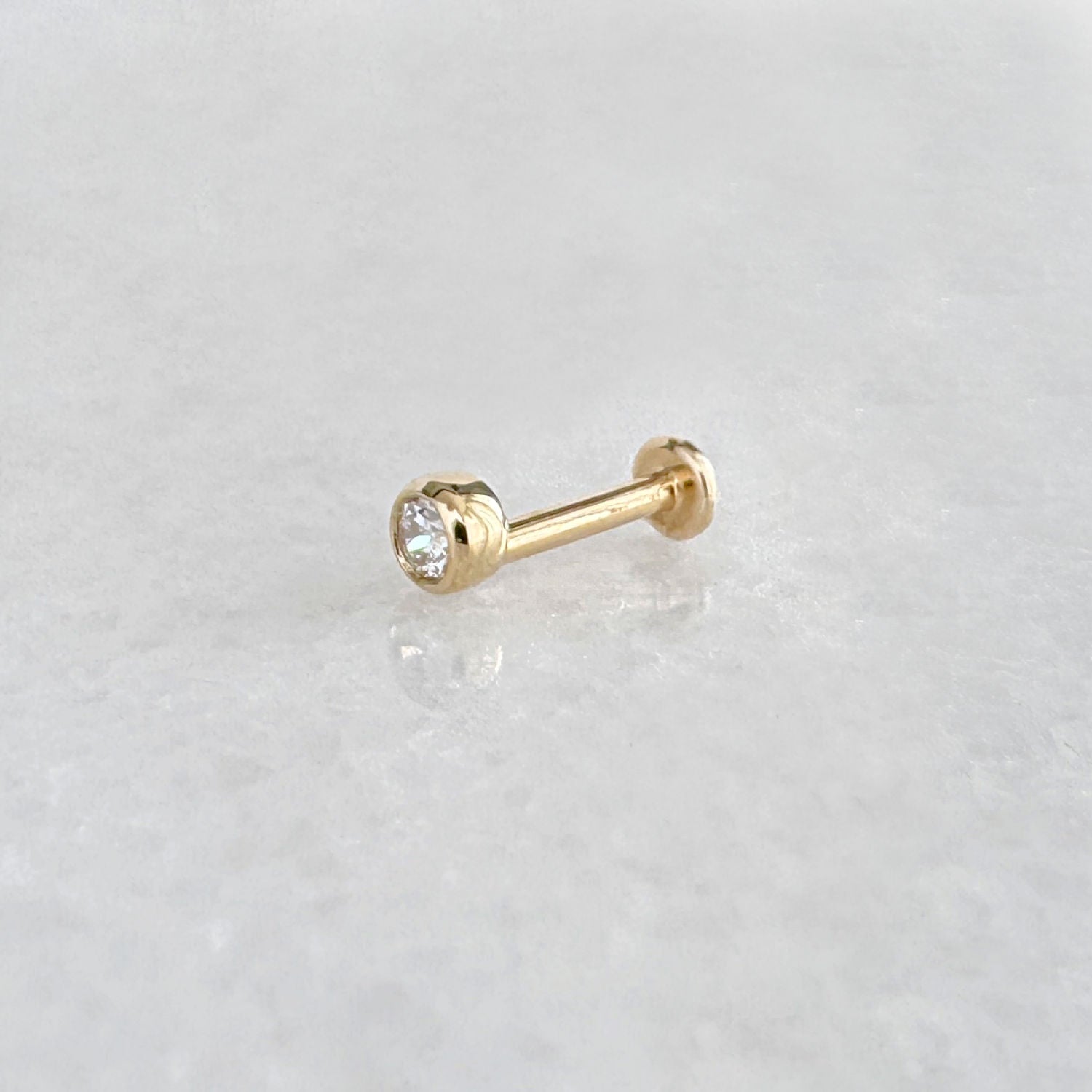 Lab Grown Diamond Earring | 14K Gold Bezel Flat Back Stud, Side View