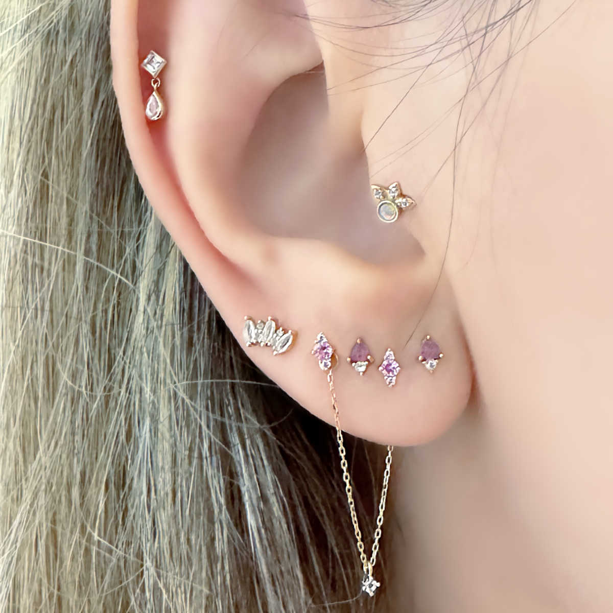 Double Piercing Connector Chain, 2" Gold & Gemstone Earring Charm