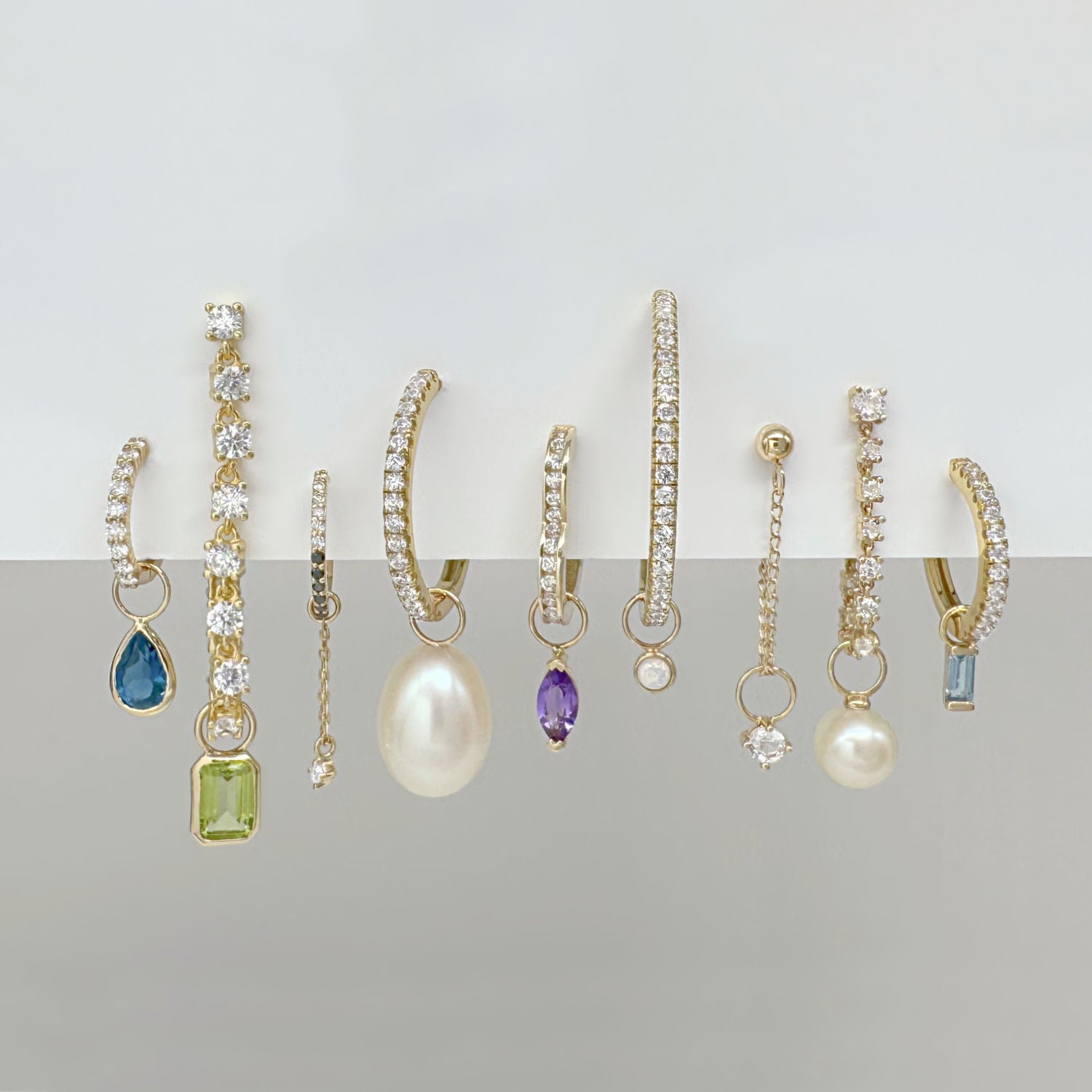 Gold Hoop Earring Charms | Birthstone Dangles for Huggies | Pearl, Opal, Amethyst, Topaz, Peridot & Diamond
