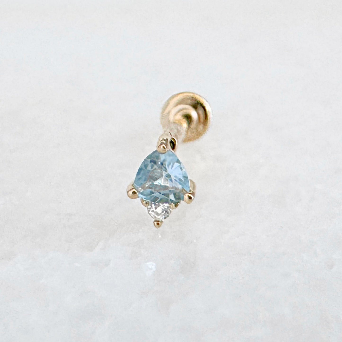 Flat Back Earring for Helix, Tragus, Conch or Lobe, Solid 14k Gold Cartilage Piercing Earring with Blue & White Topaz
