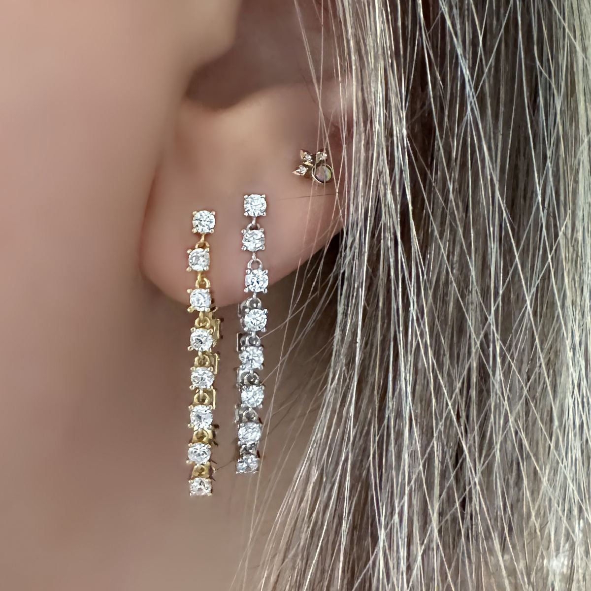Front to Back Tennis Chain Hoop Earring on Model