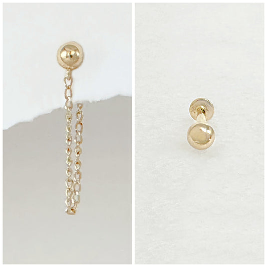 14k Gold  Ball Mistmatched Earring Set, Front to Back Hoop and Flat Back Stud, Mismatched Earrings from Two of Most Fine Jewelry