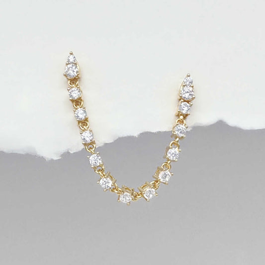Gold Chain Tennis Earrings, Connected Double Piercing Studs from Two of Most