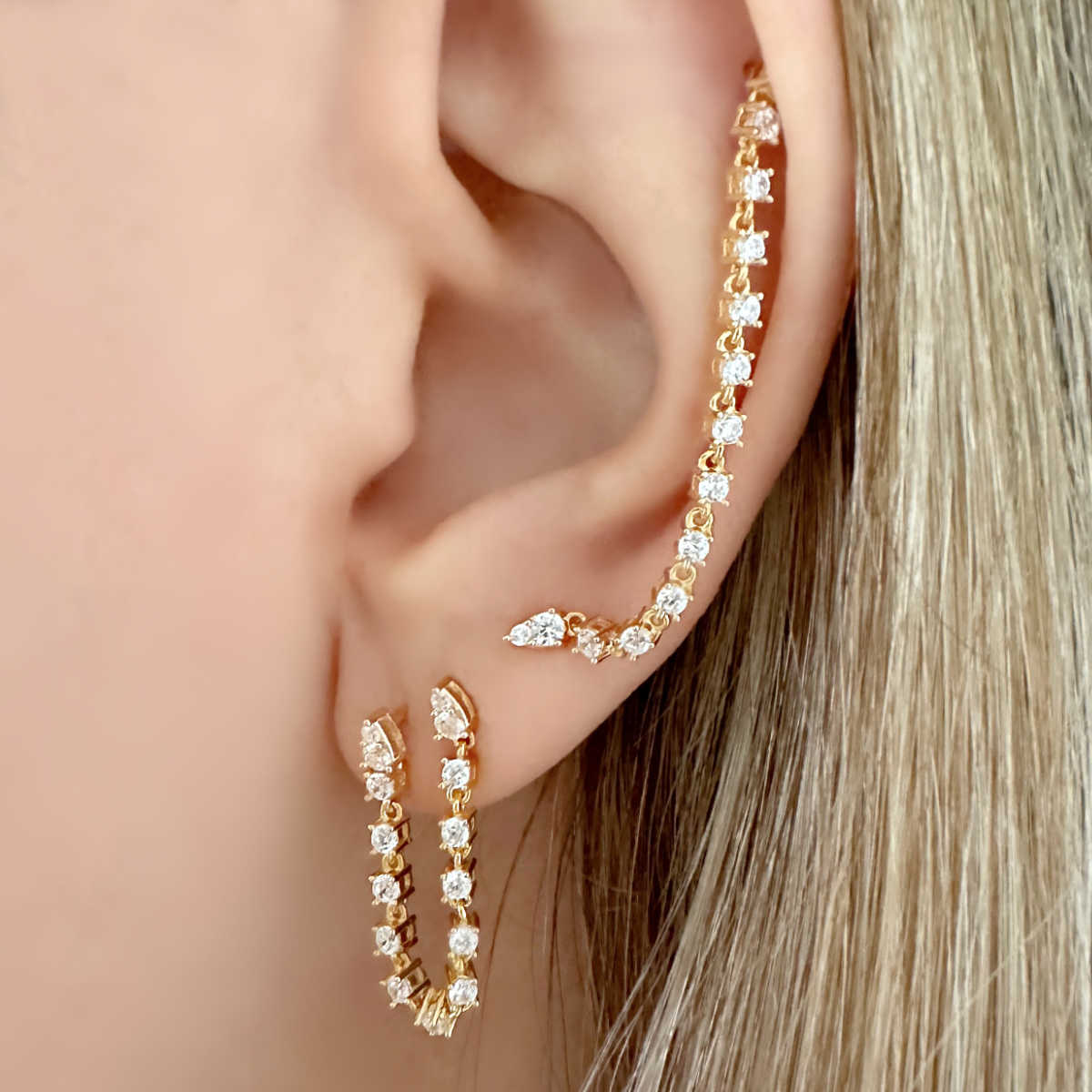 Gold Chain Tennis Earrings, Connected Double Piercing Studs on Model