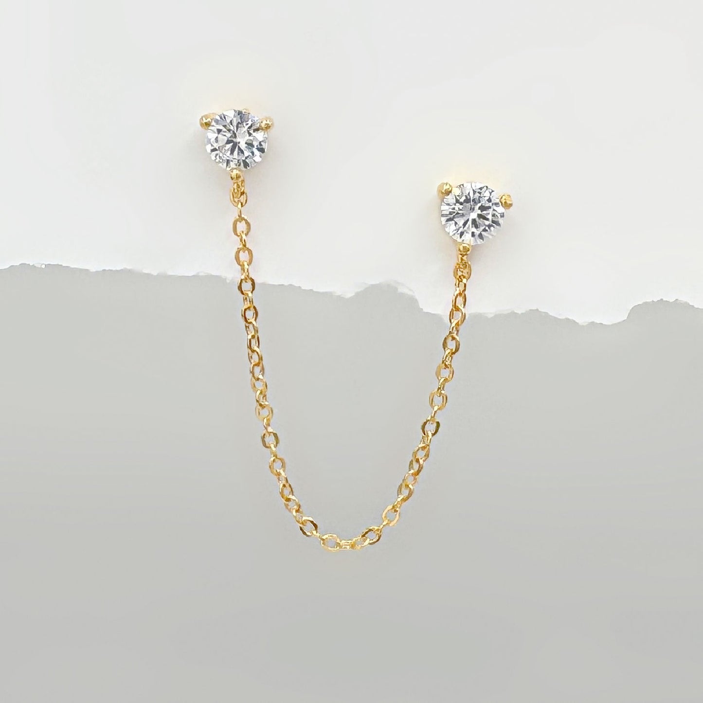 Gold Double Piercing Earrings, Chain Connected Helix to Lobe Studs, Two of Most