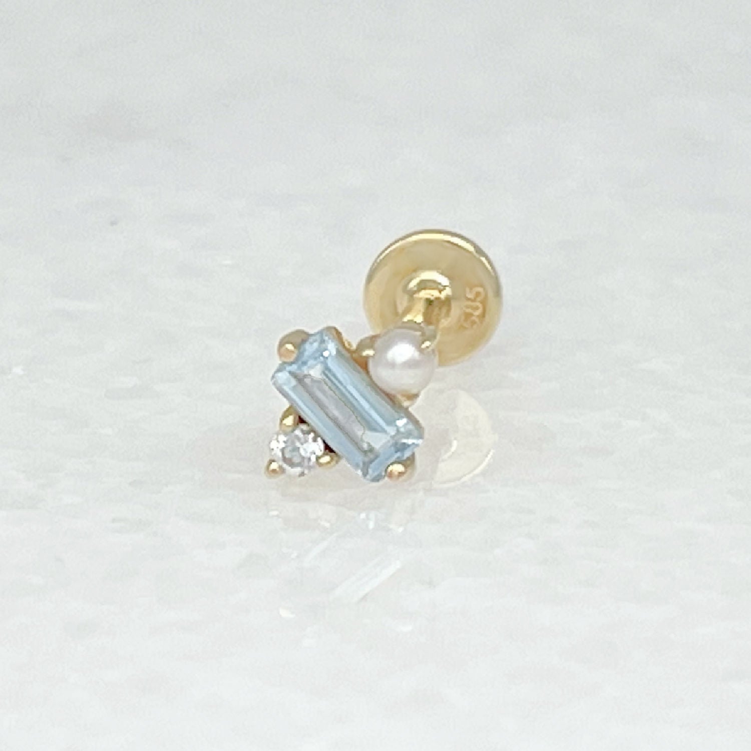 Gold Flat Back Earring with Pearl & Blue Topaz, Helix and Conch Cartilage Studs from Two of Most