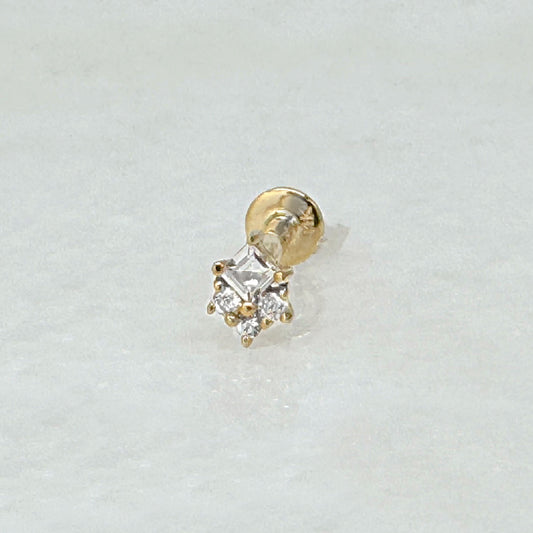 Gold Flat Back Earrings with princess cut gemstone, 14k Gold Studs for Helix, Tragus, Conch, Lobe | Two of Most