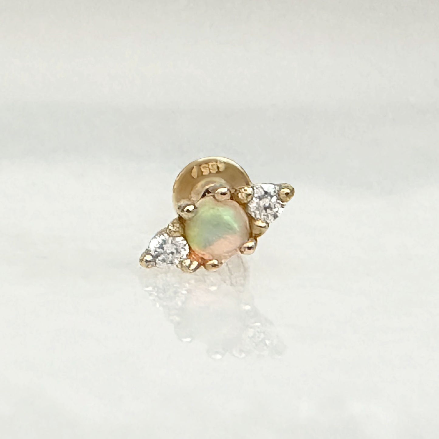 3 Stone Opal and Diamond Earring, 14K Gold Flat Back Cartilage Piercing Stud for Helix, Tragus, Conch or Lobe