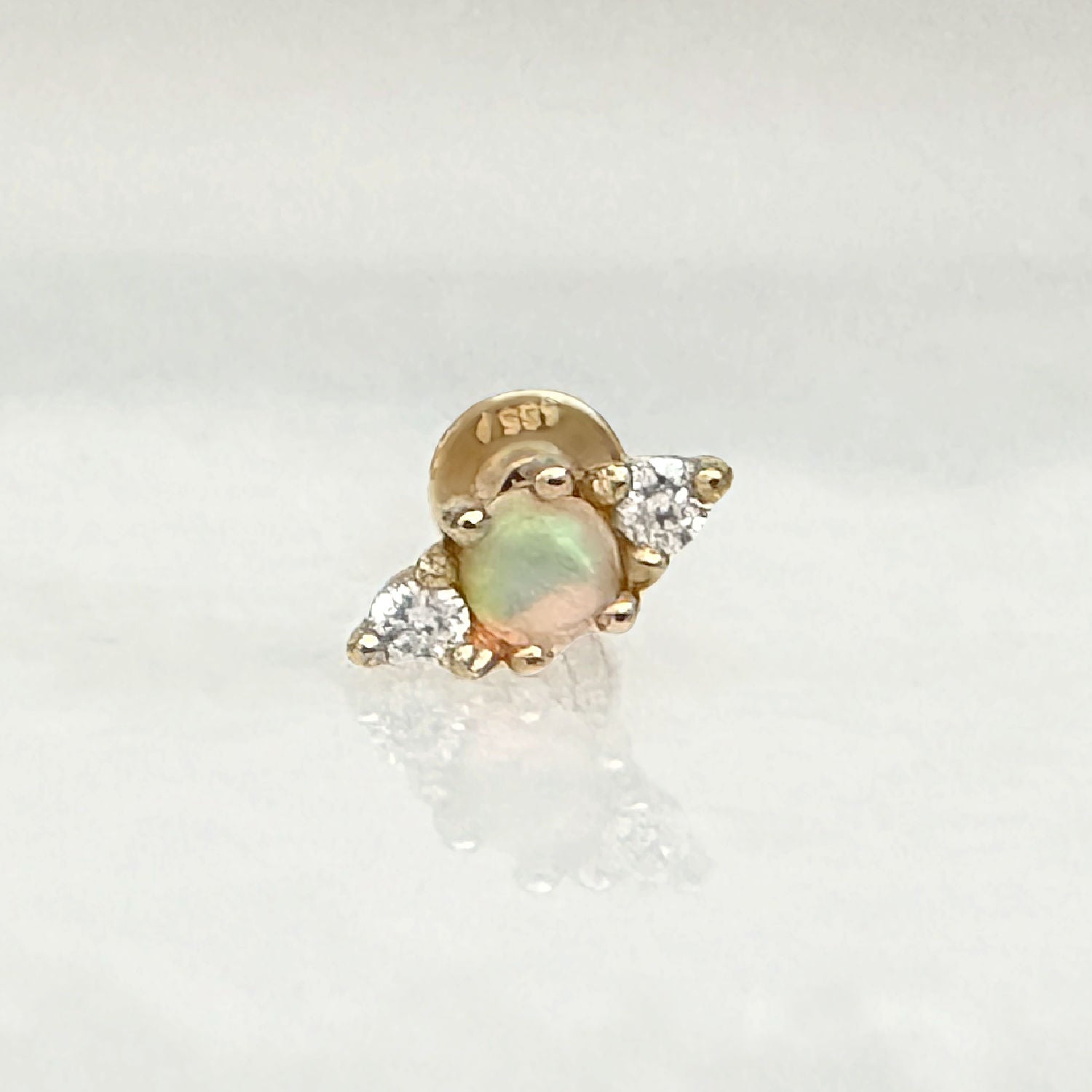 3 Stone Opal and Diamond Earring, 14K Gold Flat Back Cartilage Piercing Stud for Helix, Tragus, Conch or Lobe