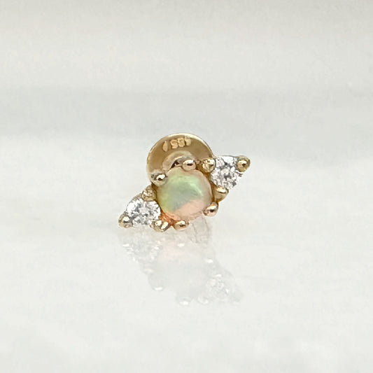 3 Stone Opal and Diamond Earring, 14K Gold Flat Back Cartilage Piercing Stud for Helix, Tragus, Conch or Lobe