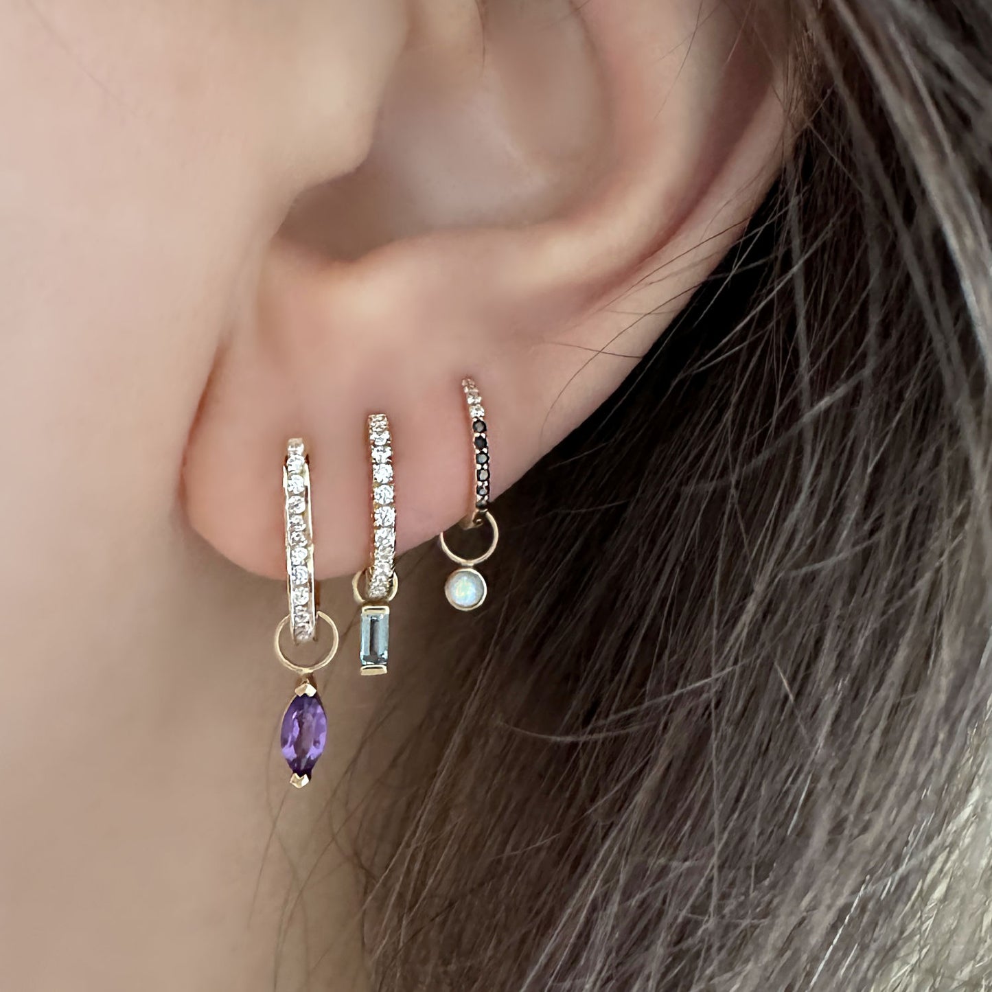 Gold Hoop Earring Charms | Pearl, Opal, Amethyst, Topaz, Peridot & Diamond Huggie Dangles on Model