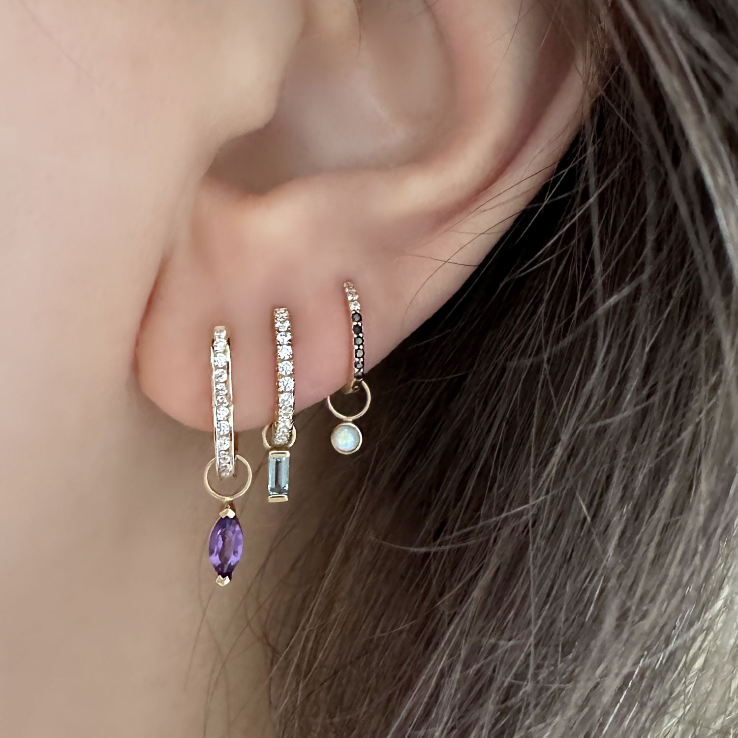 Gold Hoop Earring Charms | Pearl, Opal, Amethyst, Topaz, Peridot & Diamond Huggie Dangles on Model