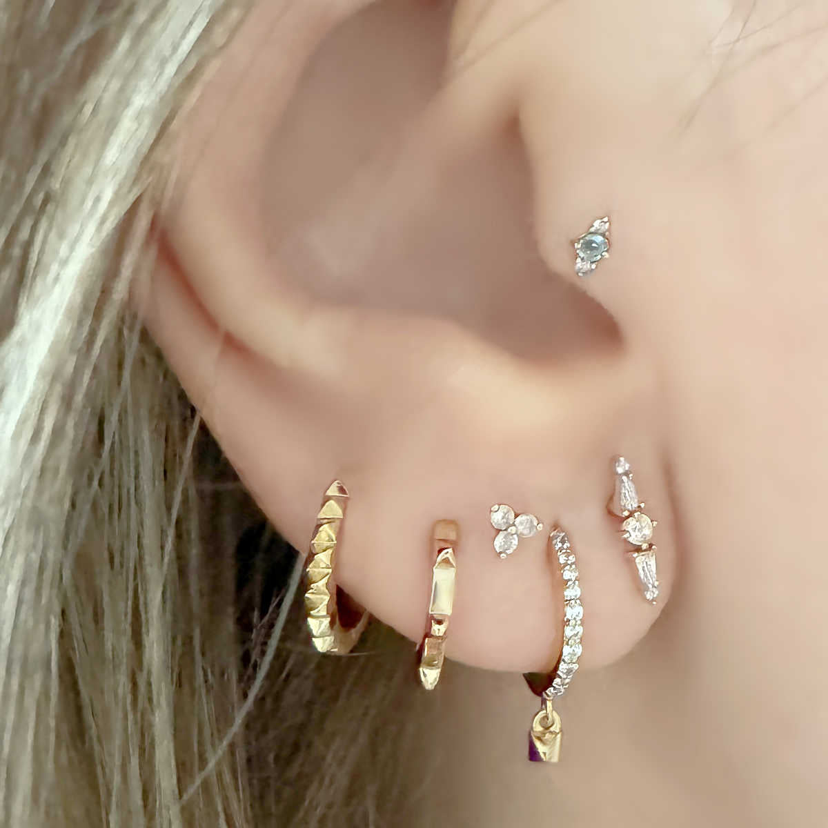Small Huggie Earrings on Model, Gold Plated Spike Hoops