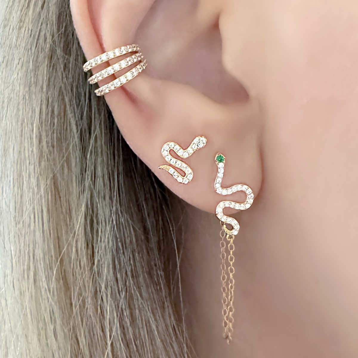 Snake Stud Earrings with Gemstones, 18k Gold & Sterling Silver, on Model