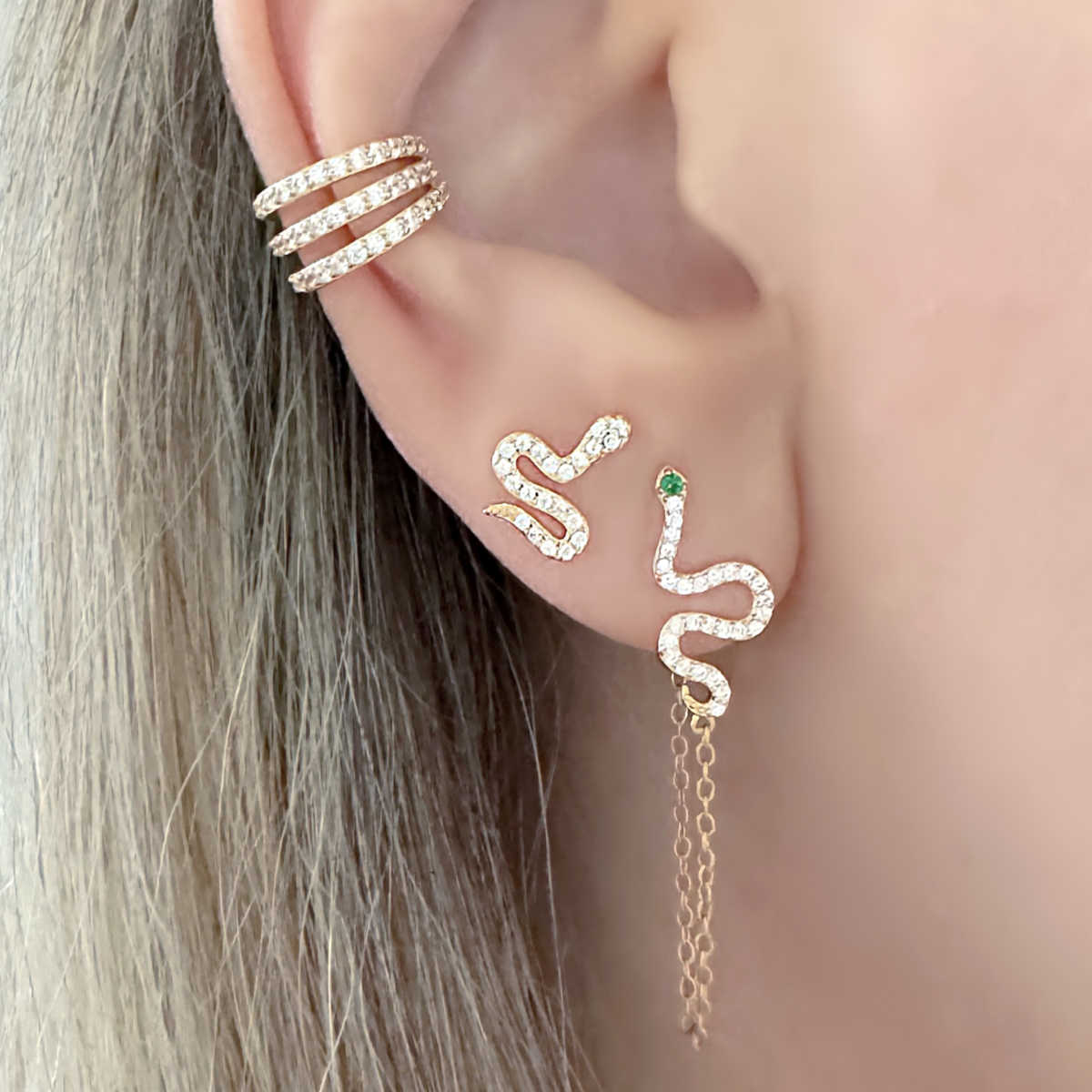 3 Row Gemstone Ear Cuff | Non Pierced Cartilage Earring on Model