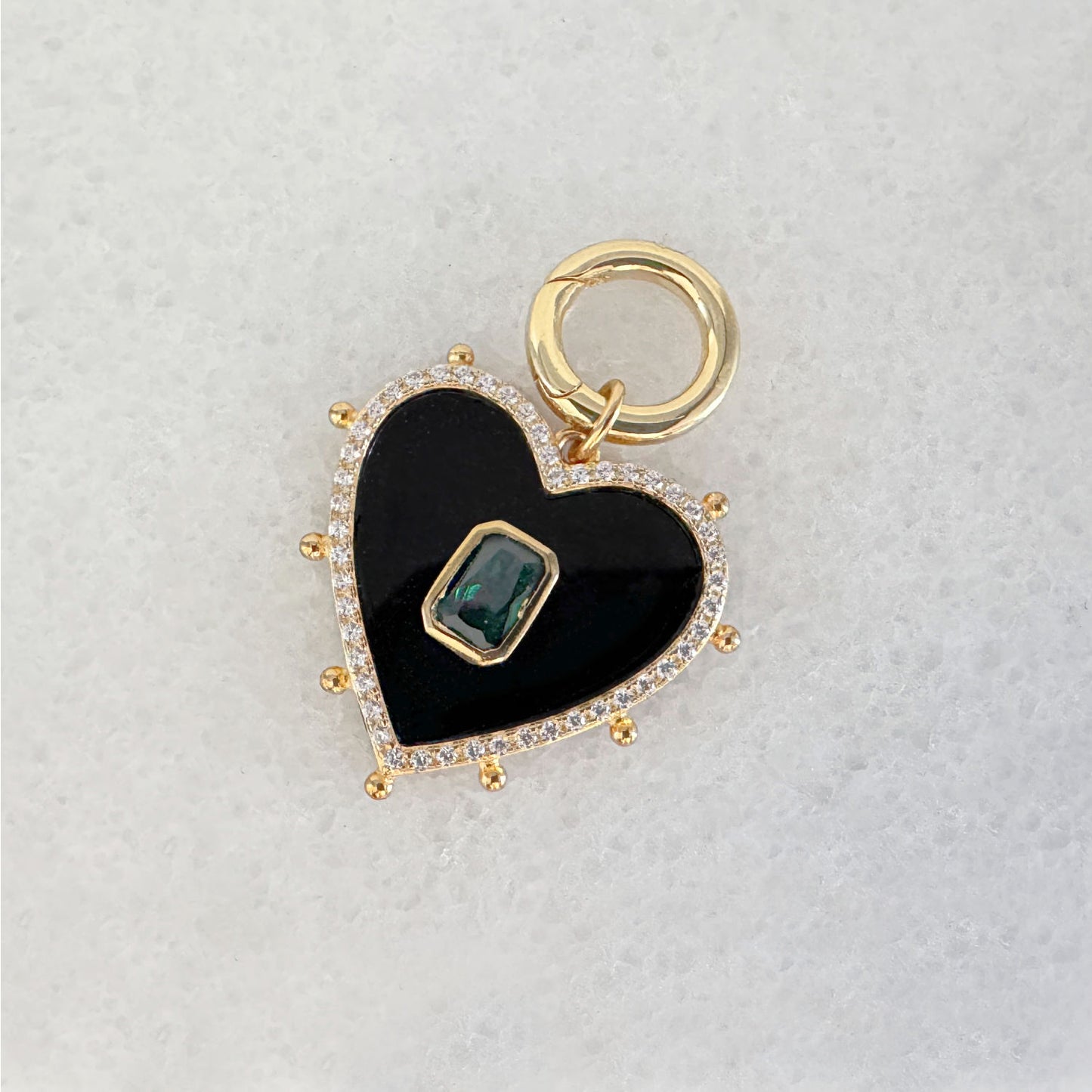 Large Heart Necklace Charm & Charm Holder, Onyx and Emerald Gemstone Pendant from Two of Most