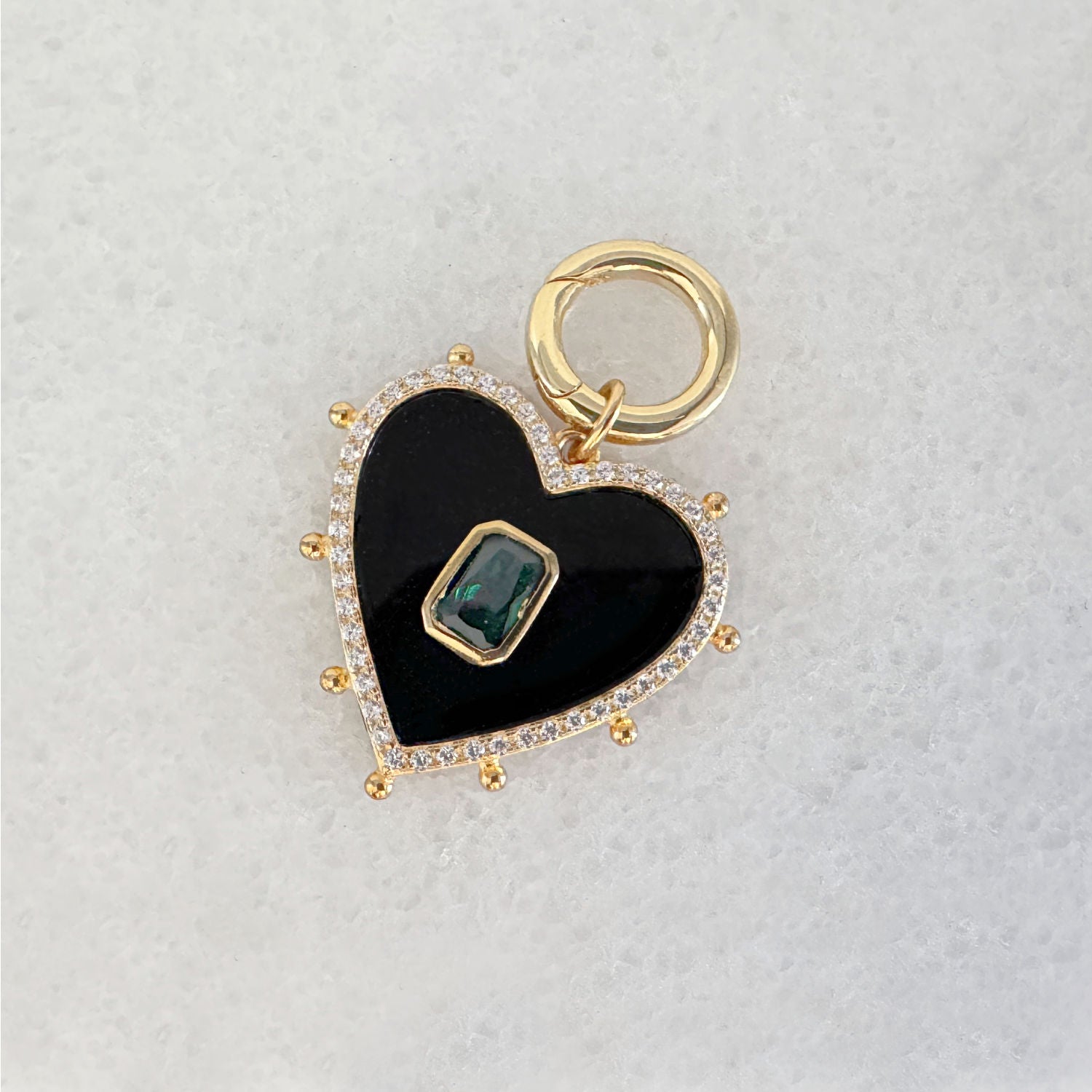 Large Heart Necklace Charm & Charm Holder, Onyx and Emerald Gemstone Pendant from Two of Most