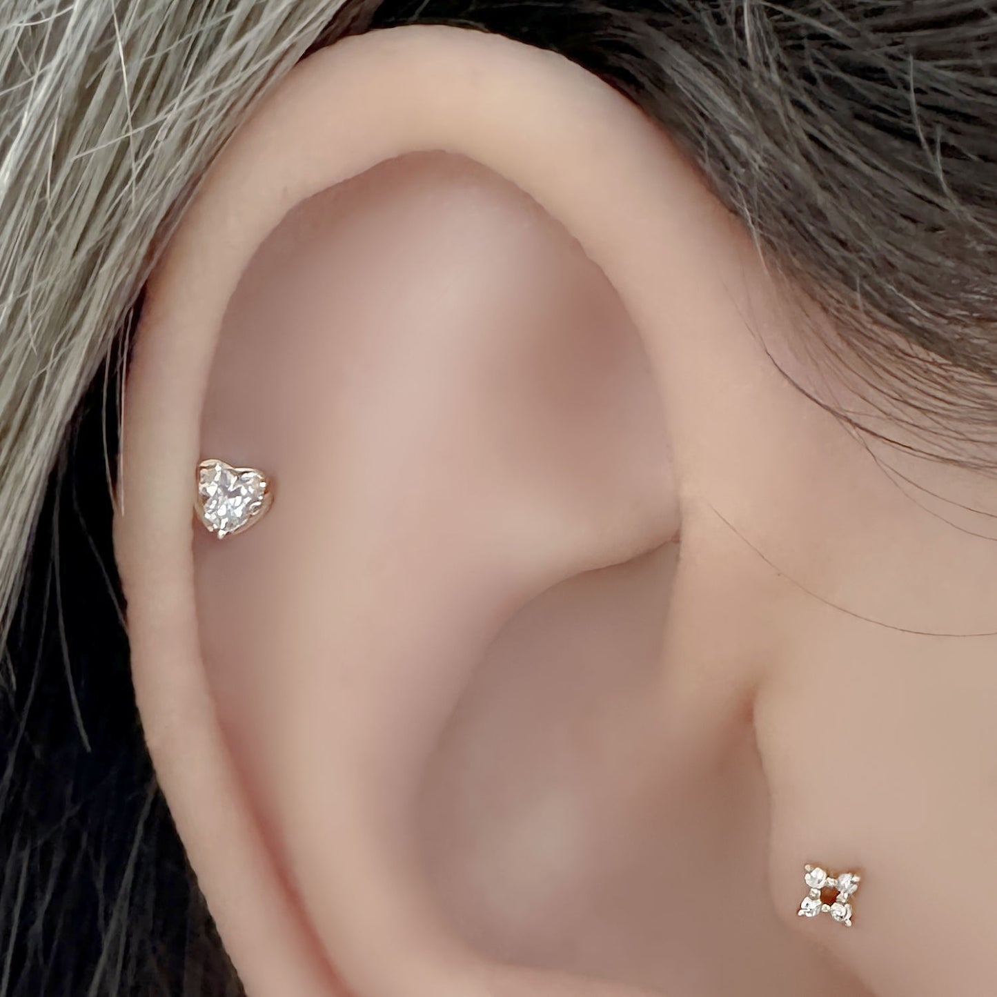 Heart Gemstone Flat Back Helix Earring on Model, Two of Most