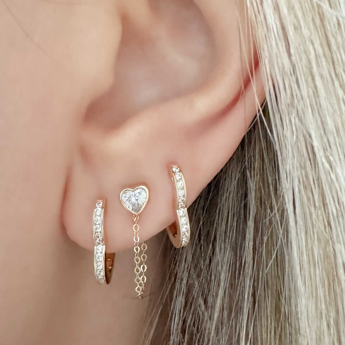 Heart Shaped Connector Stud | 14k Gold Helix Chain Earring on Model