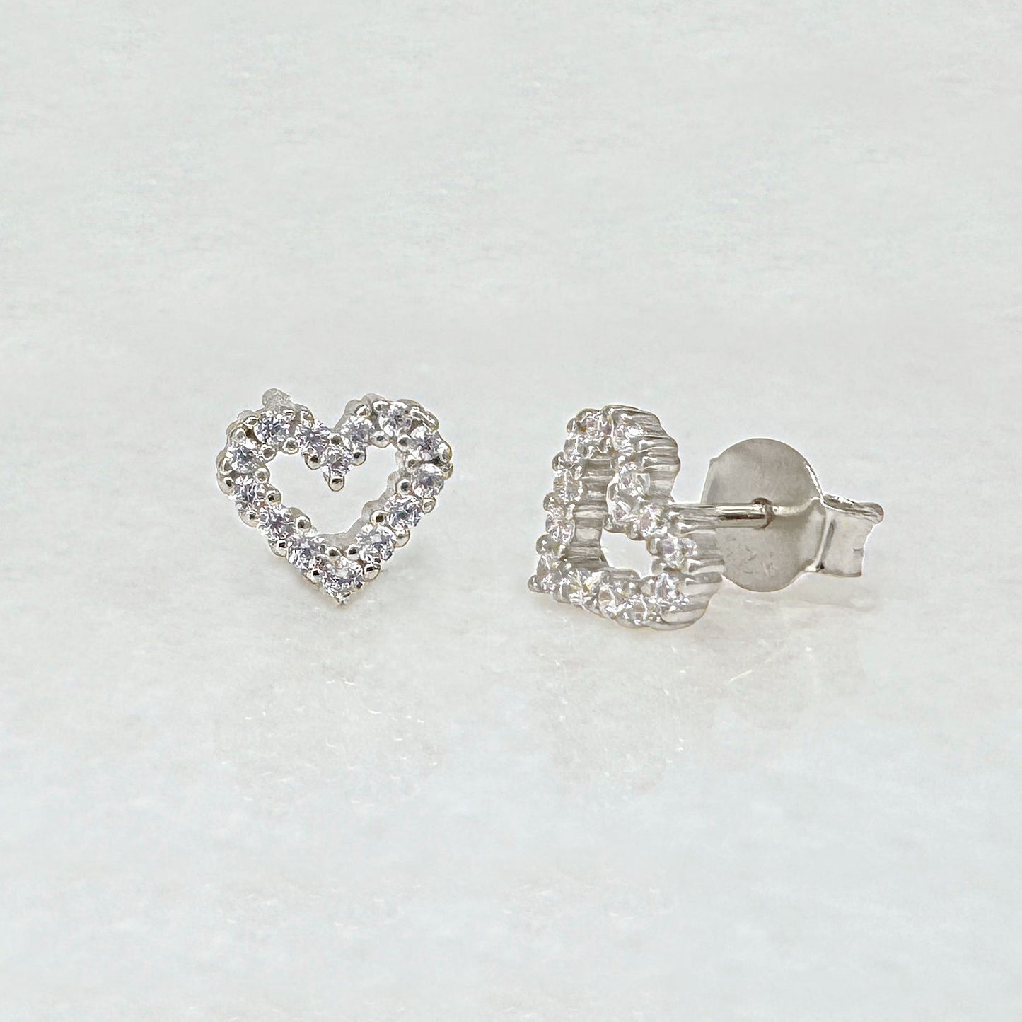 Heart Shaped Stud Earrings in 925 Sterling Silver & Cubic ZIrconia, by Two of Most