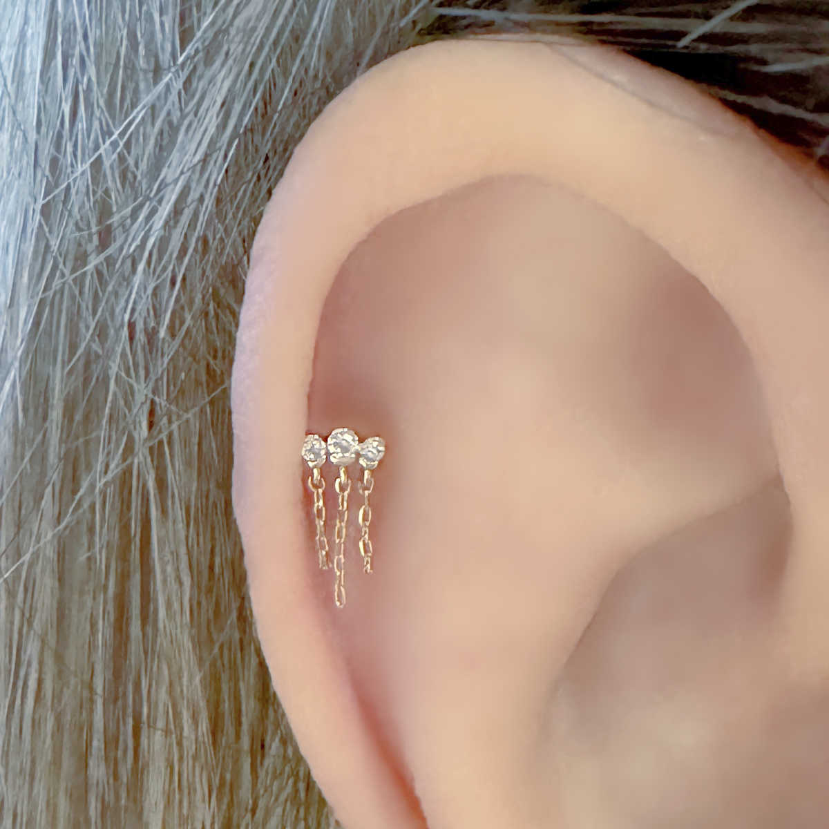 Three Stone Flat Back Helix Earring on Model, Gold Dangle Chain Piercing Stud, Two of Most