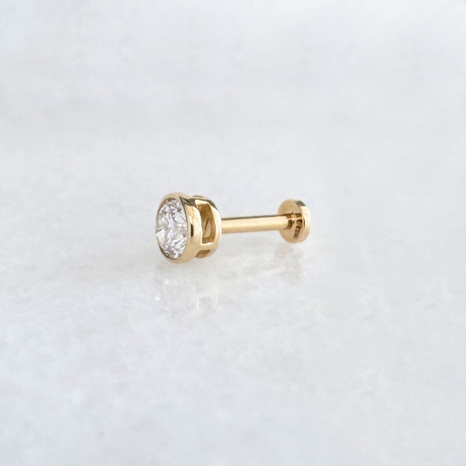 Lab Grown Diamond Earring | 14K Gold Bezel Flat Back Cartilage Piercing Stud, Side View