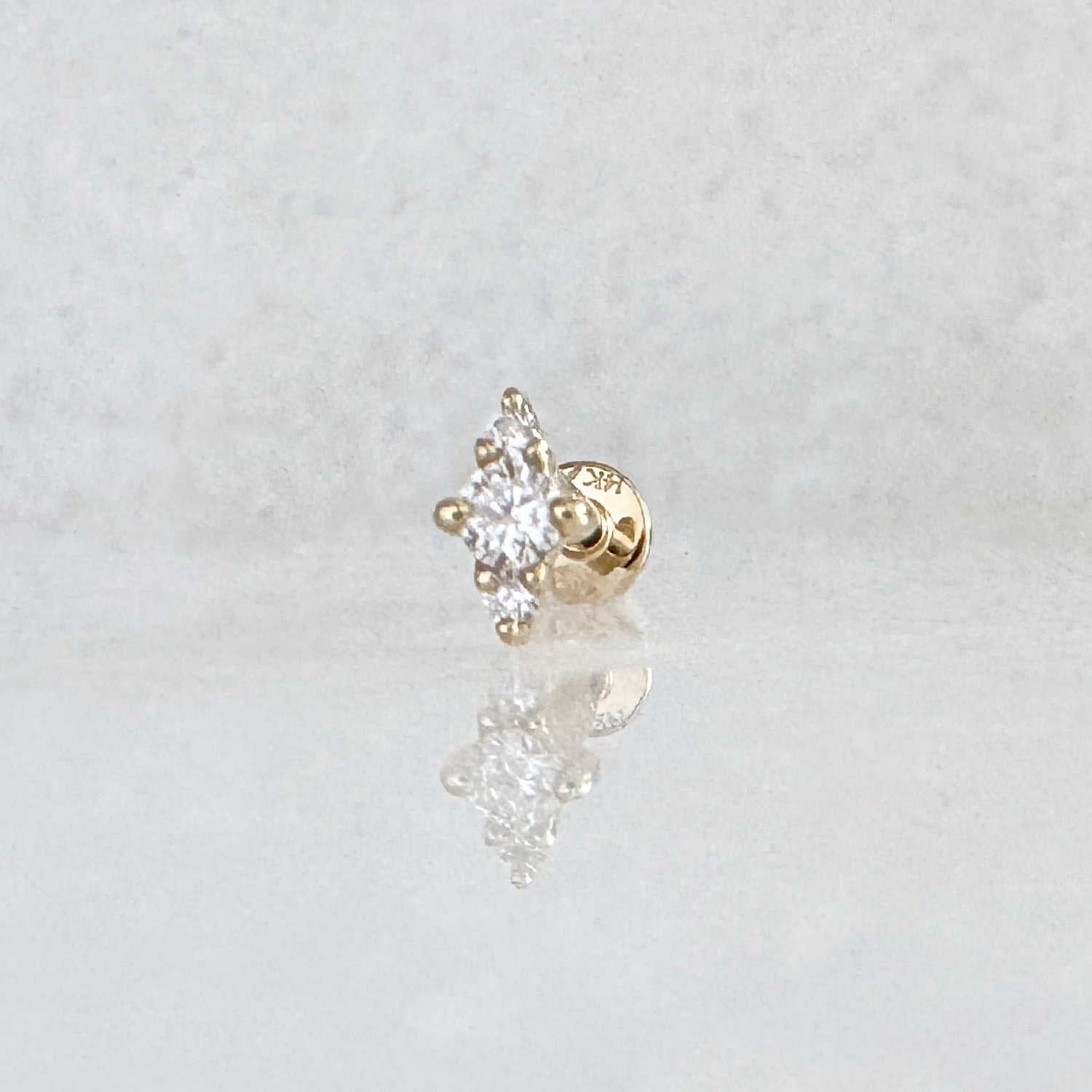 Lab Diamond Earring, 14k Yellow Gold 3-Stone Flat Back Cartilage Piercing Stud for Helix, Conch or Lobe