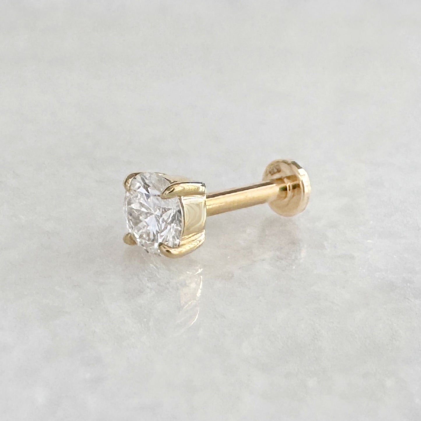 14k Gold Stud for Helix or Conch Piercing, Side View of Flat Back Lab Grown Diamond Earring , Cartilage Jewelry from Two of Most