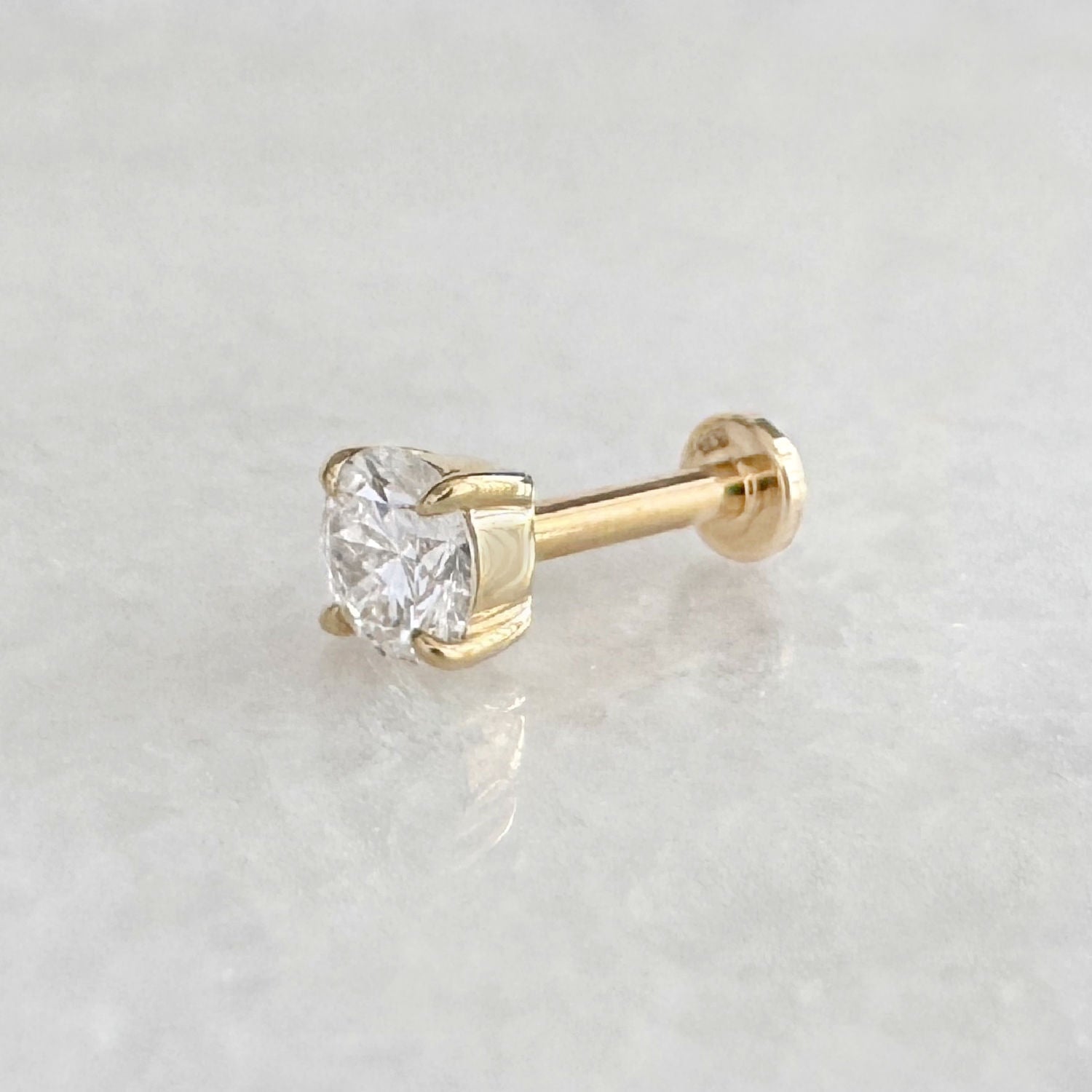 14k Gold Stud for Helix or Conch Piercing, Side View of Flat Back Lab Grown Diamond Earring , Cartilage Jewelry from Two of Most