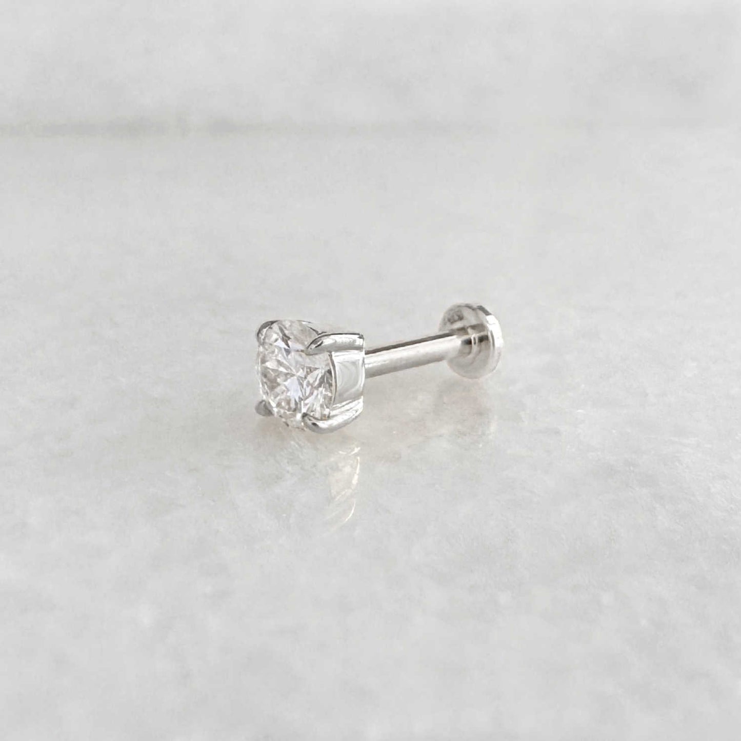 14k White Gold Stud for Helix, Tragus or Conch Piercing, Side View of Flat Back Lab Grown Diamond Cartilage Earring