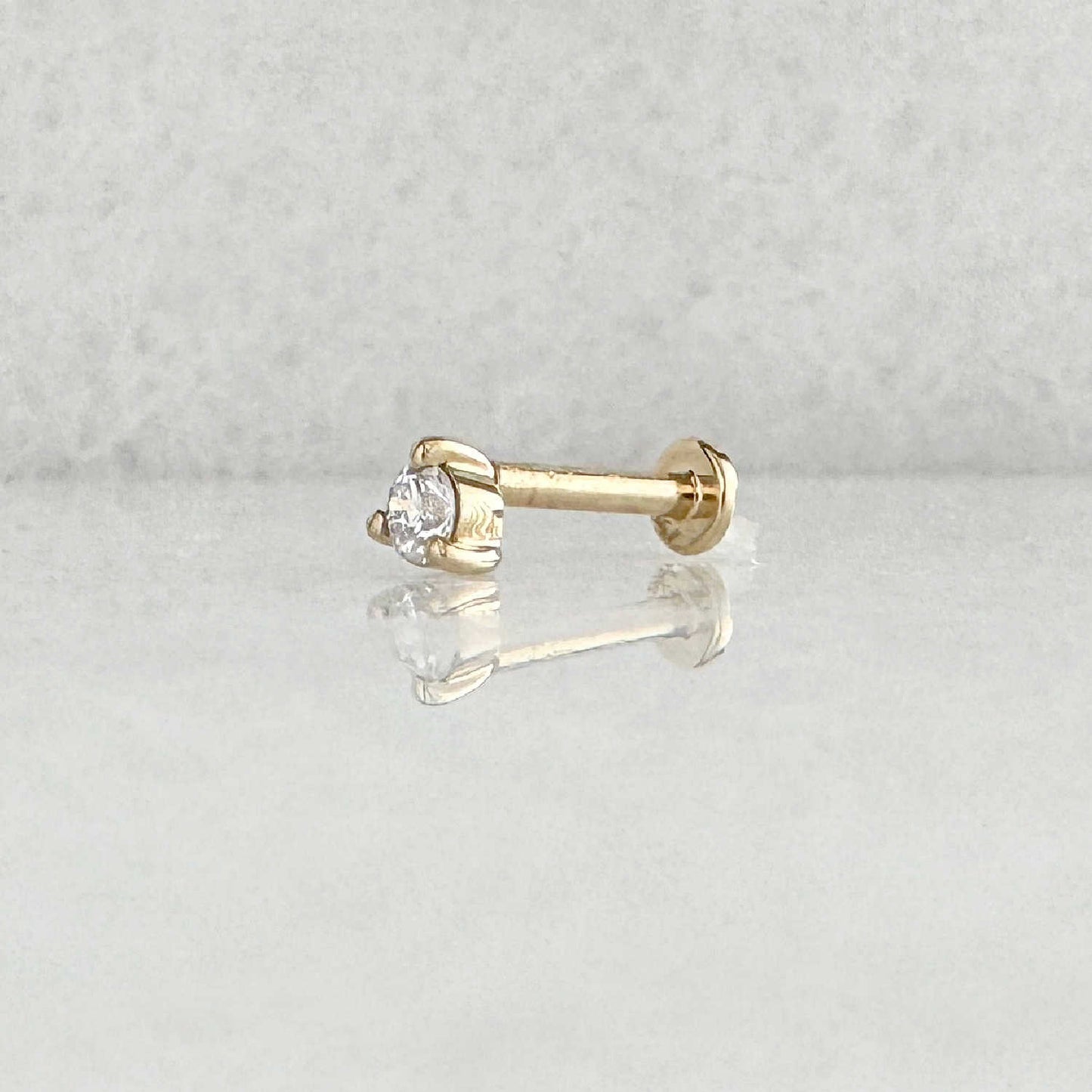14k Gold Stud for Helix, Tragus or Conch Piercing, Side View of Flat Back Lab Grown Diamond Cartilage Earring