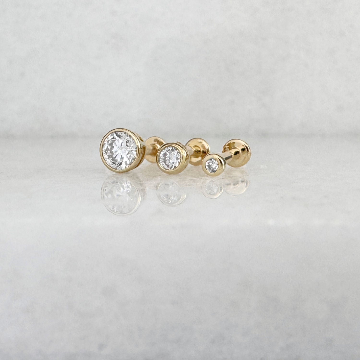 Lab Grown Diamond Stud Earring Collection | 14K Gold Bezel Flat Back Studs for Helix, Tragus, Conch or Lobe | Cartilage Piercing Jewelry from Two of Most
