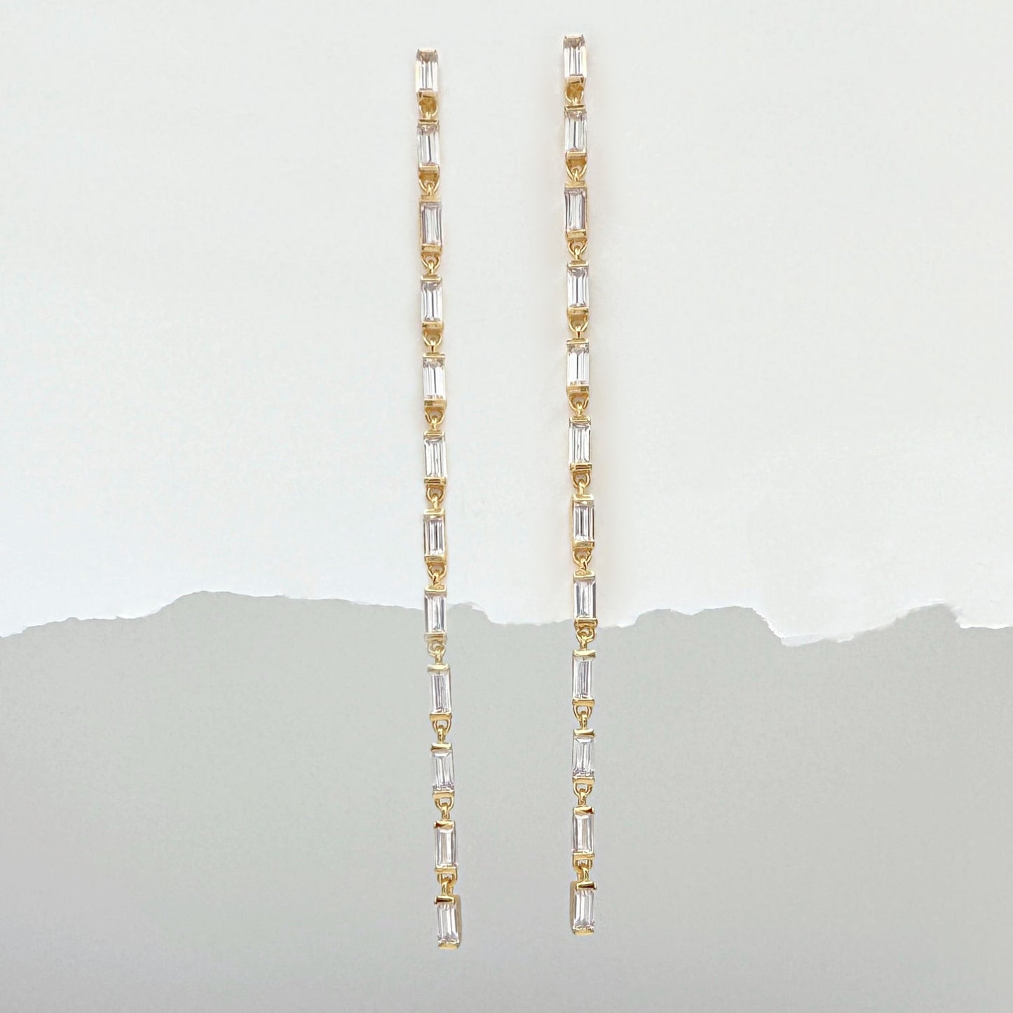 Long Baguette Line Drop Tennis Earrings | Dangle Chain Studs from Two of Most