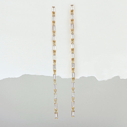 Long Baguette Line Drop Tennis Earrings | Dangle Chain Studs from Two of Most