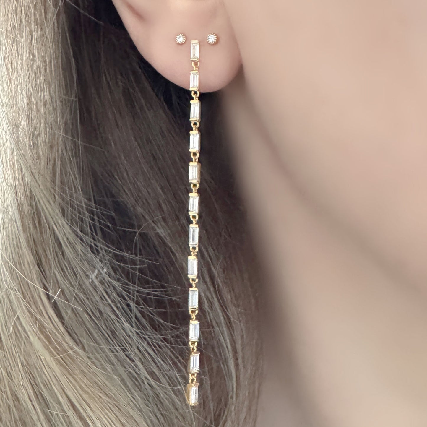 Long Baguette Line Drop Tennis Earrings | Dangle Chain Studs on Model
