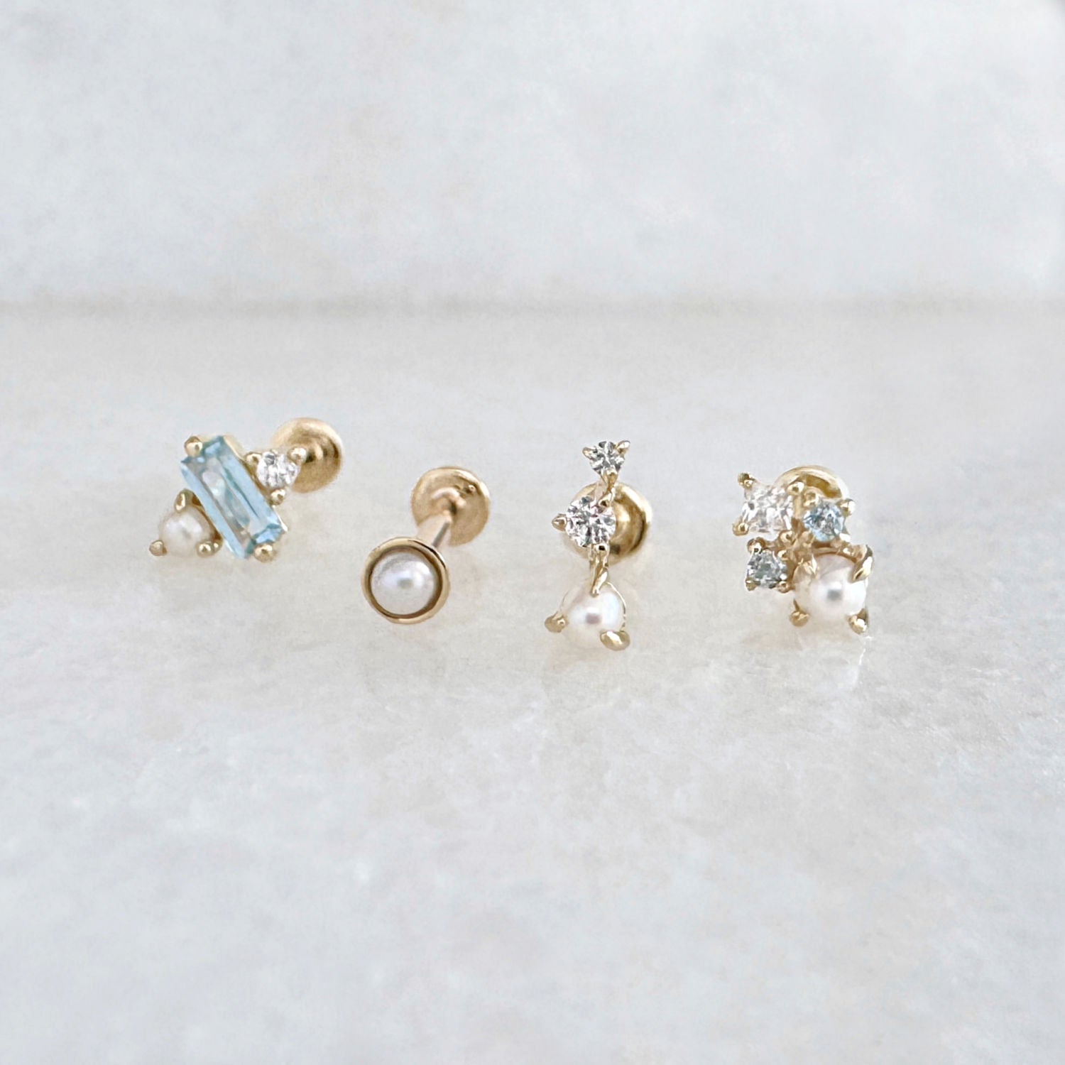 Pearl Stud Earring Collection, 14k Gold Flat Back Cartilage Jewelry from Two of Most