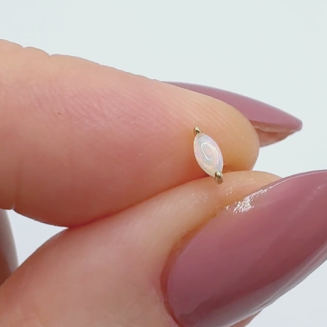 Marquise Opal Earring, 14K Gold Flat Back Cartilage Piercing Stud for Helix, Tragus, Conch or Lobe