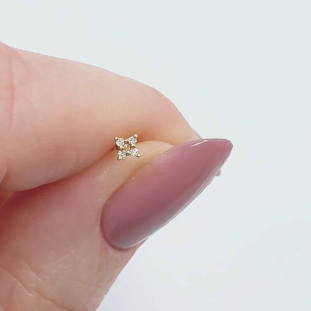 Video - Diamond 4 Point Star Flat Back Earring, 14k Studs for Helix, Tragus, Conch or Lobe from Two of Most