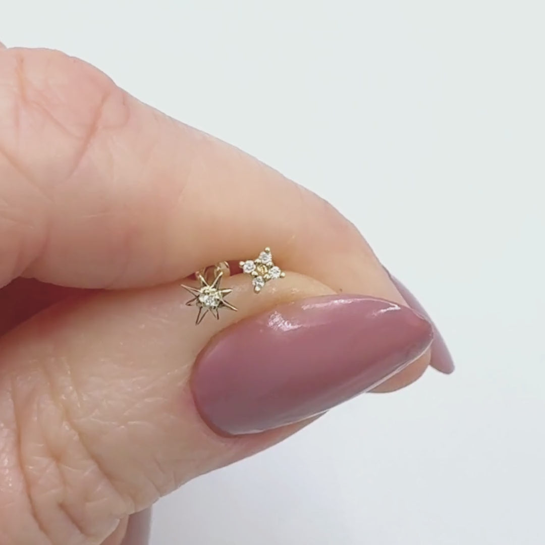Video: Diamond North Star Flat Back Earring, 14k Studs for Helix, Tragus, Conch or Lobe from Two of Most